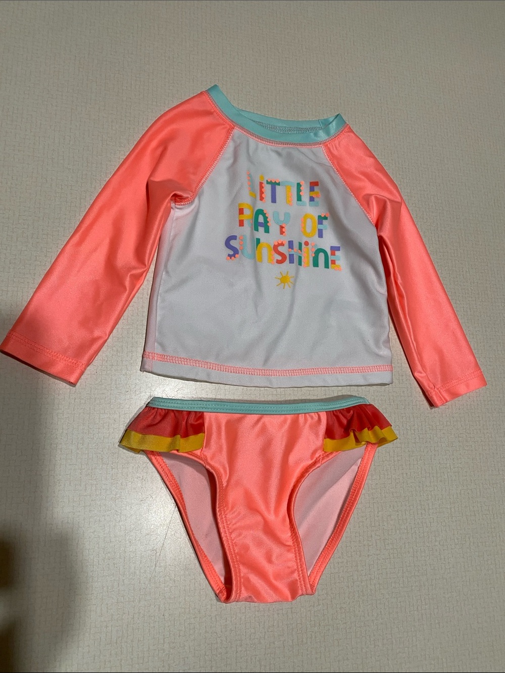 Cat & Jack Coral and White Long-Sleeve Rash Guard Bikini Set